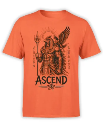 Orange Egyptian mythology T-shirt with a winged falcon-headed guardian, sacred symbols, and bold ASCEND lettering