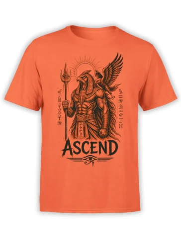 Orange Egyptian mythology T-shirt with a winged falcon-headed guardian, sacred symbols, and bold ASCEND lettering