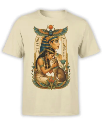 Egyptian-inspired cat T-shirt with a woman embracing a cat beneath a winged scarab on beige
