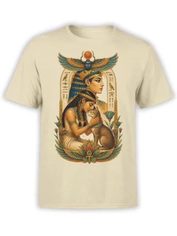 Egyptian-inspired cat T-shirt with a woman embracing a cat beneath a winged scarab on beige