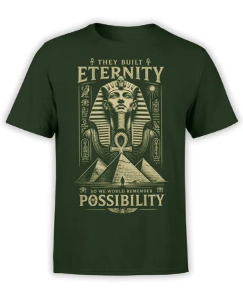 Dark green Egyptian T-shirt with a pharaoh, pyramids, ankh, Eye of Horus, and ancient symbols