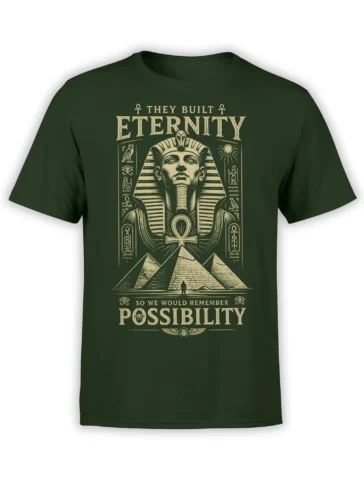 Dark green Egyptian T-shirt with a pharaoh, pyramids, ankh, Eye of Horus, and ancient symbols