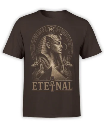 Brown Egyptian pharaoh T-shirt with Anubis figures, pyramid, sacred symbols, and ETERNAL artwork
