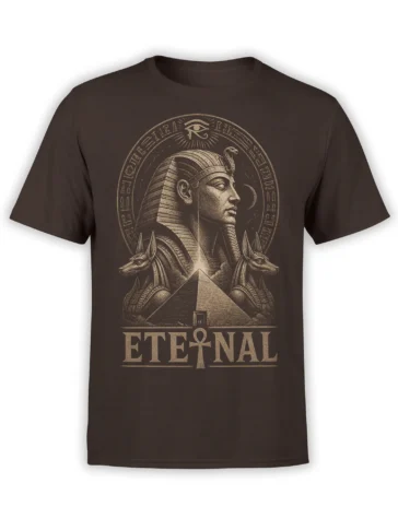 Brown Egyptian pharaoh T-shirt with Anubis figures, pyramid, sacred symbols, and ETERNAL artwork