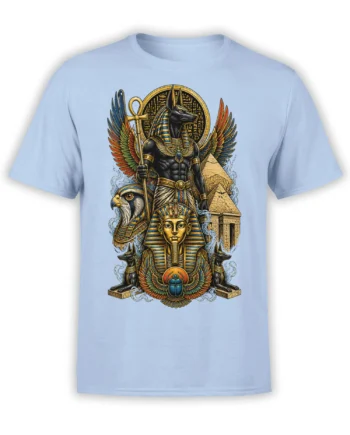 Egyptian mythology T-shirt with Anubis, pharaoh, pyramids, eagle, scarabs, and wings on light blue fabric