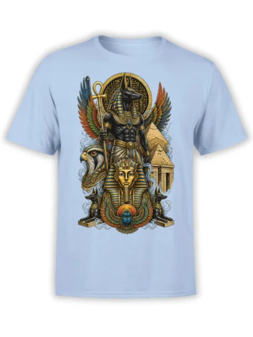 Egyptian mythology T-shirt with Anubis, pharaoh, pyramids, eagle, scarabs, and wings on light blue fabric