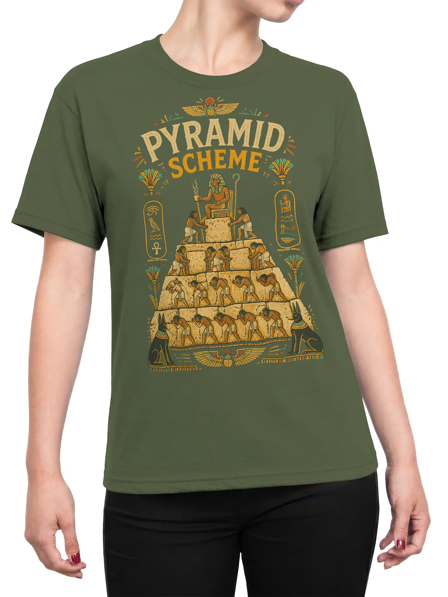 Female torso wearing a green Egyptian Pyramid Scheme T-shirt with a vintage pyramid and pharaoh design