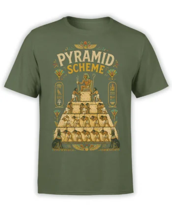 Green Egyptian T-shirt with Pyramid Scheme text, pharaoh, pyramid builders, scarabs, and Anubis figures