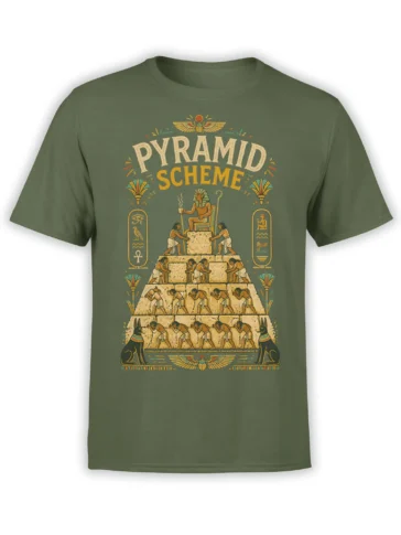 Green Egyptian T-shirt with Pyramid Scheme text, pharaoh, pyramid builders, scarabs, and Anubis figures