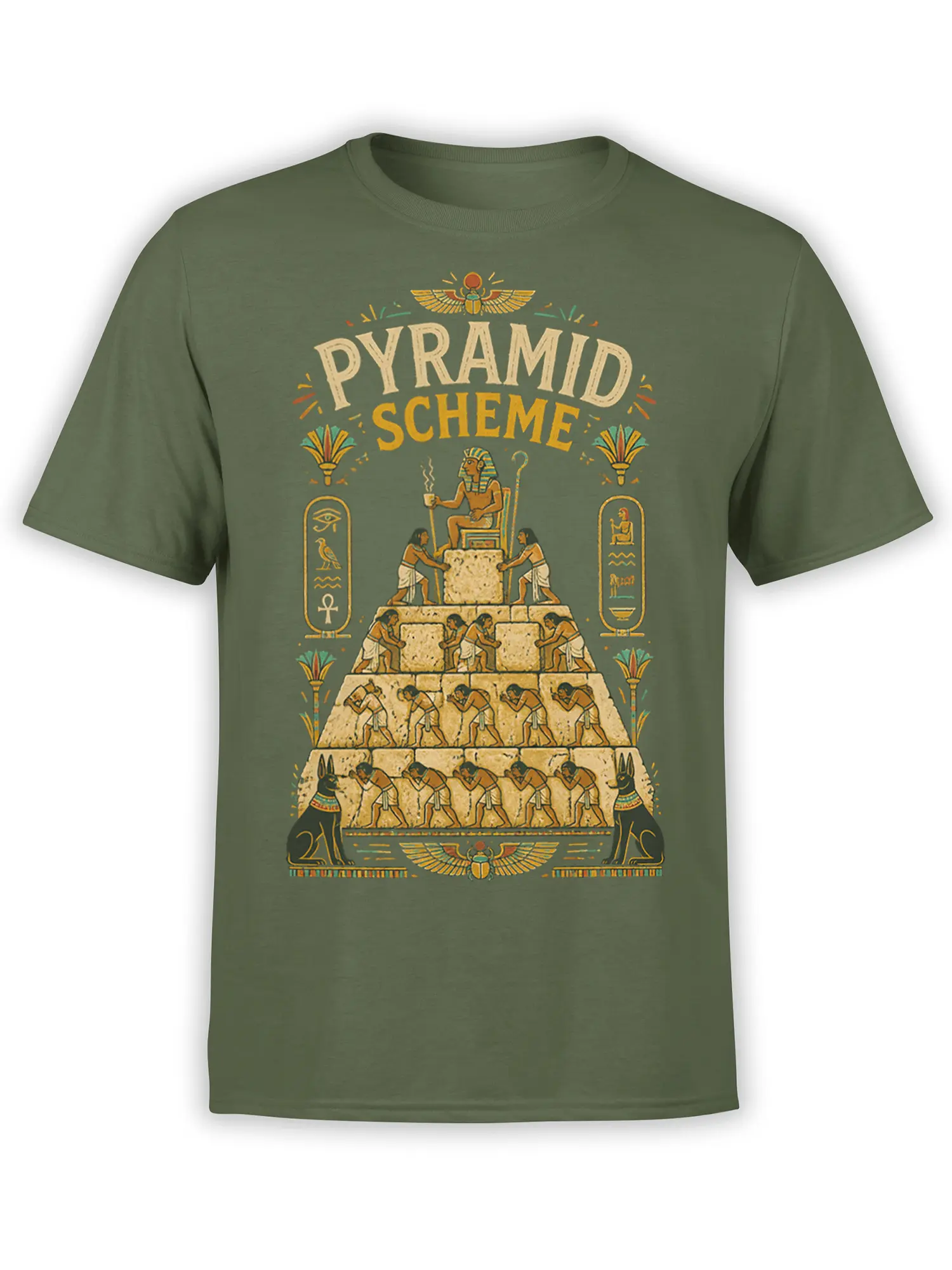 Green Egyptian T-shirt with Pyramid Scheme text, pharaoh, pyramid builders, scarabs, and Anubis figures
