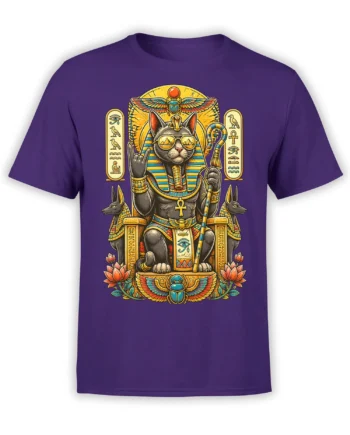 Egyptian-style gray cat wearing sunglasses with scarabs, lotus flowers, and an ankh on a purple shirt