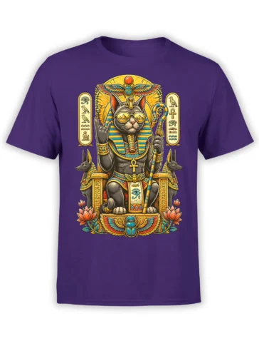 Egyptian-style gray cat wearing sunglasses with scarabs, lotus flowers, and an ankh on a purple shirt