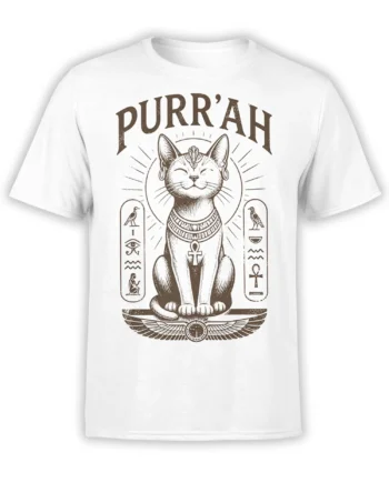White cat T-shirt featuring a serene royal cat, ancient symbols, ankh, winged emblem, and “PURR’AHN” lettering