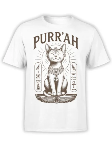 White cat T-shirt featuring a serene royal cat, ancient symbols, ankh, winged emblem, and “PURR’AHN” lettering