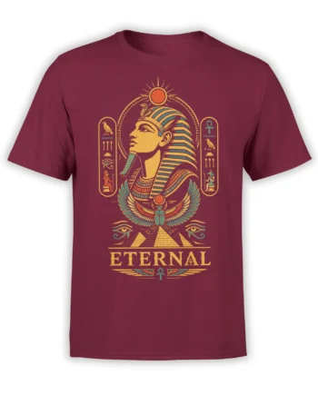 Egyptian pharaoh graphic with pyramids, winged scarab, ankhs, and ETERNAL text on a burgundy T-shirt