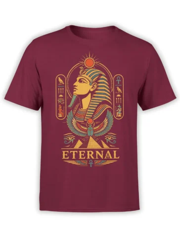 Egyptian pharaoh graphic with pyramids, winged scarab, ankhs, and ETERNAL text on a burgundy T-shirt