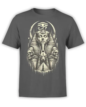Dark gray Egyptian pharaoh T-shirt with Anubis, skulls, pyramid, Eye of Horus, and vintage sacred symbols