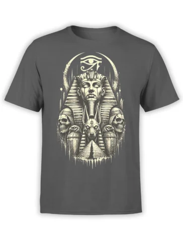 Dark gray Egyptian pharaoh T-shirt with Anubis, skulls, pyramid, Eye of Horus, and vintage sacred symbols
