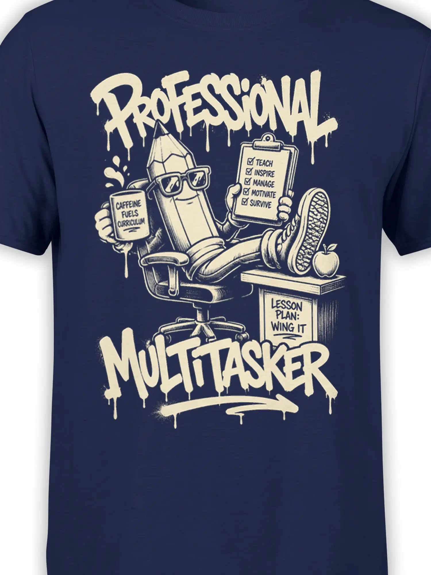 Close-up of navy teacher shirt design with pencil character, caffeine mug, lesson plan, and multitasker lettering