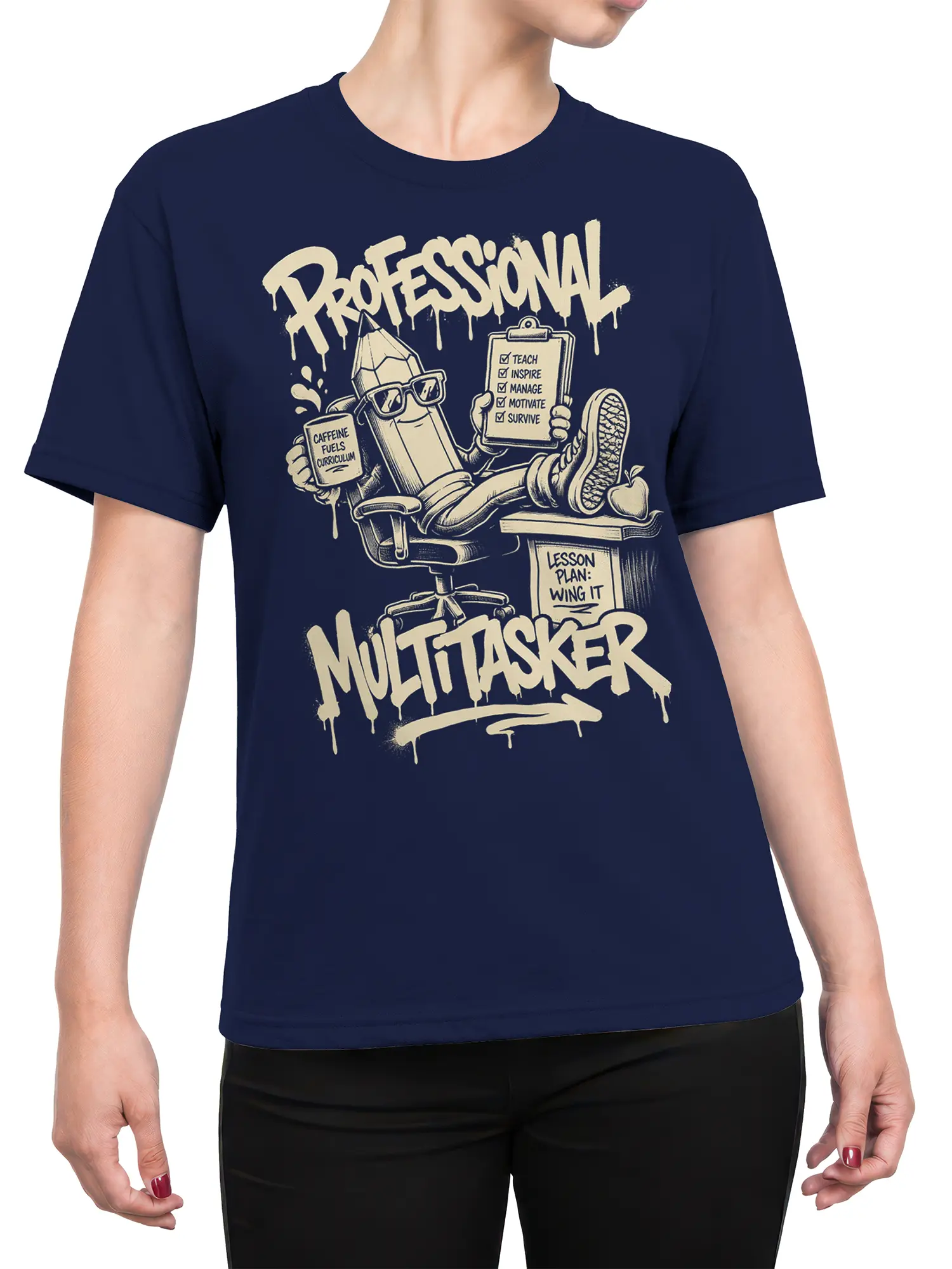 Female torso wearing a navy teacher T-shirt with a caffeine-fueled pencil and Professional Multitasker design