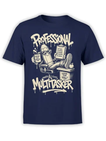 Nav﻿y teacher T-shirt with a coffee-fueled pencil character, clipboard, apple, and Professional Multitasker text