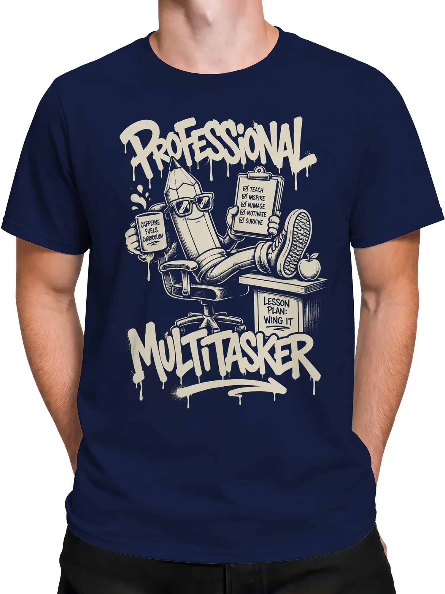 Male torso wearing a navy teacher T-shirt with a coffee pencil character and multitasker classroom design