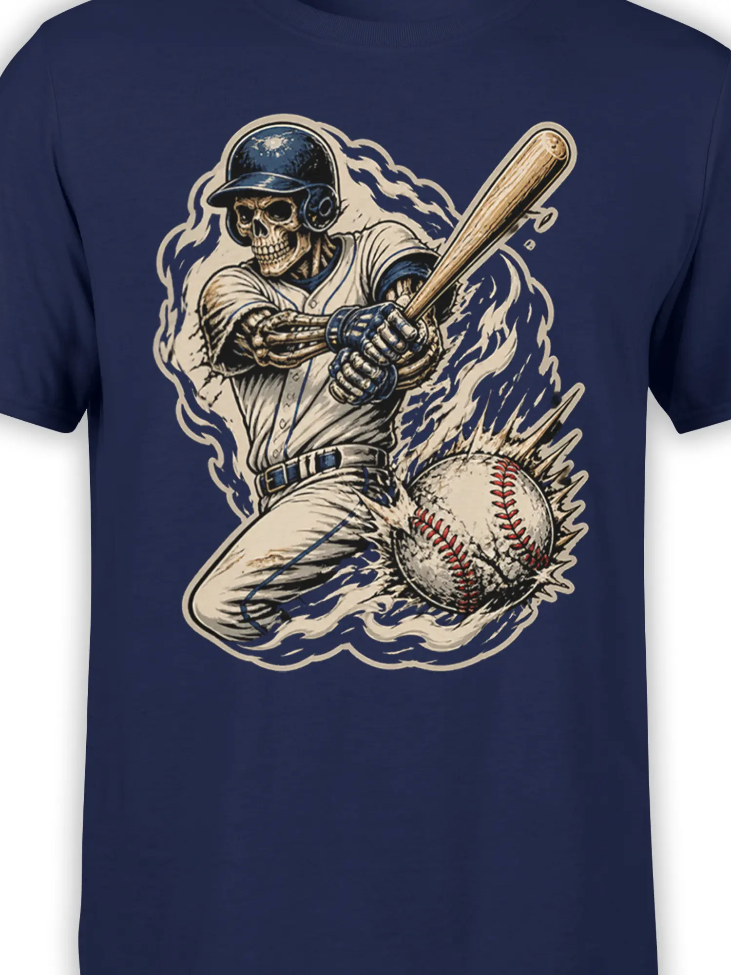 Close-up of the skeletal baseball batter, wooden bat, helmet, and distressed flying baseball artwork on navy fabric