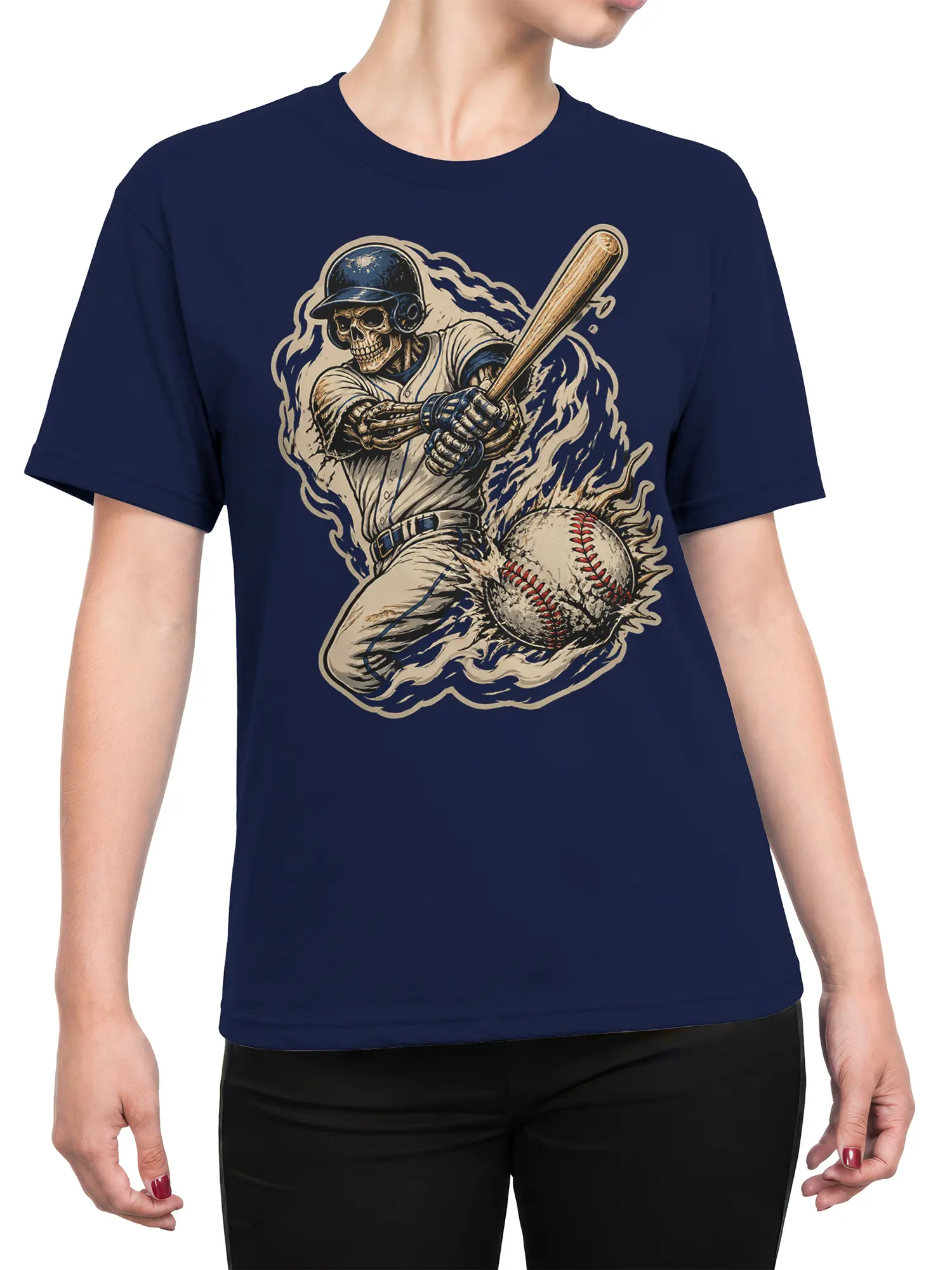 Female torso wearing a navy T-shirt with a skeleton baseball player, bat, and explosive baseball graphic