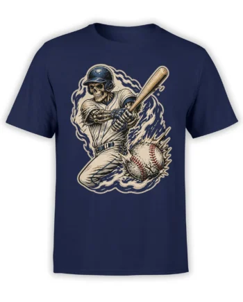 Skeleton baseball player in a helmet swings a wooden bat beside an explosive baseball on a navy T-shirt