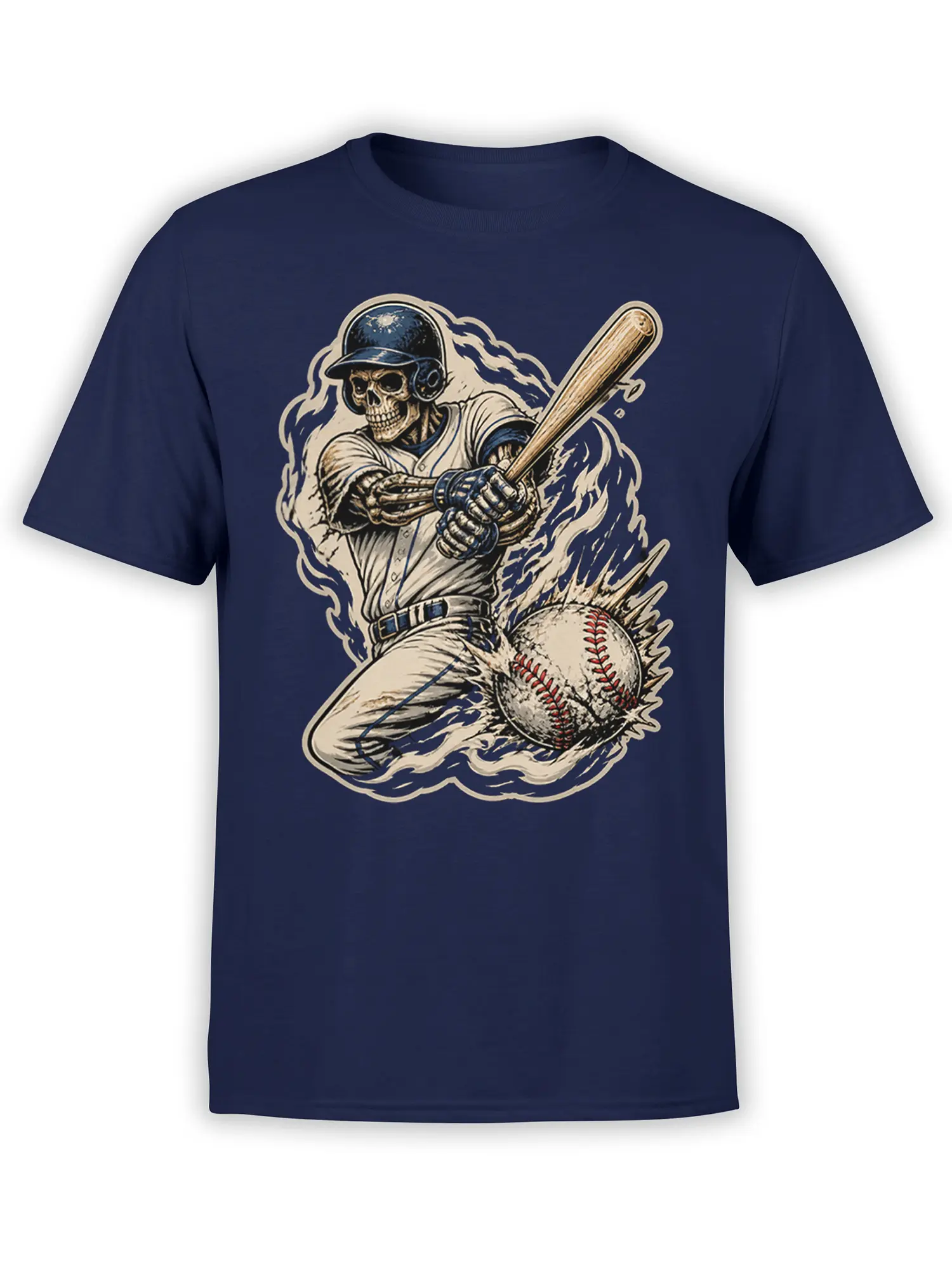 Skeleton baseball player in a helmet swings a wooden bat beside an explosive baseball on a navy T-shirt
