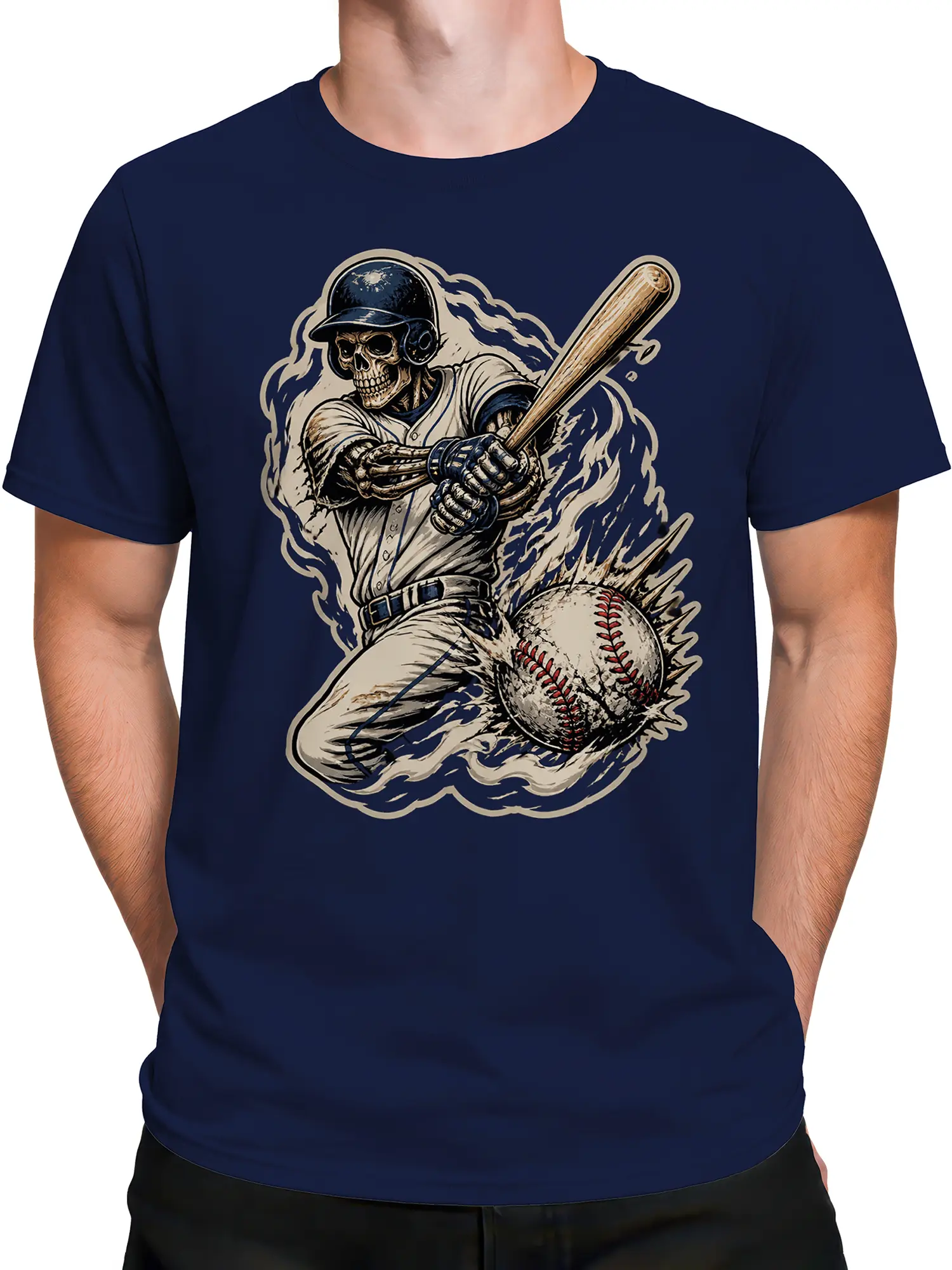 Male torso wearing a navy skeleton baseball T-shirt with a wooden bat and dramatic baseball graphic
