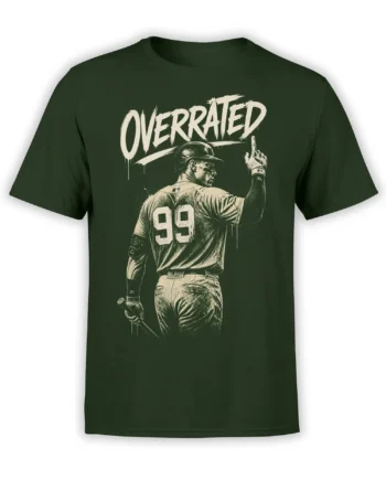 Dark green baseball T-shirt with distressed cream “OVERRATED” text and a player wearing number 99