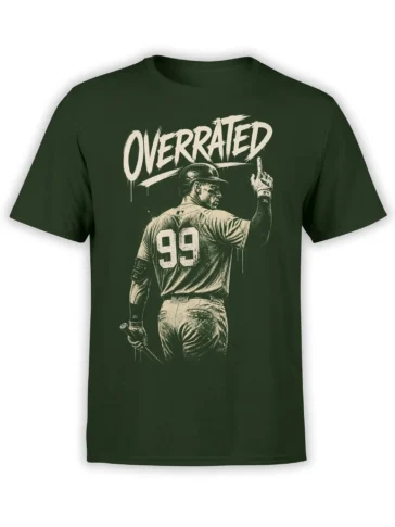 Dark green baseball T-shirt with distressed cream “OVERRATED” text and a player wearing number 99