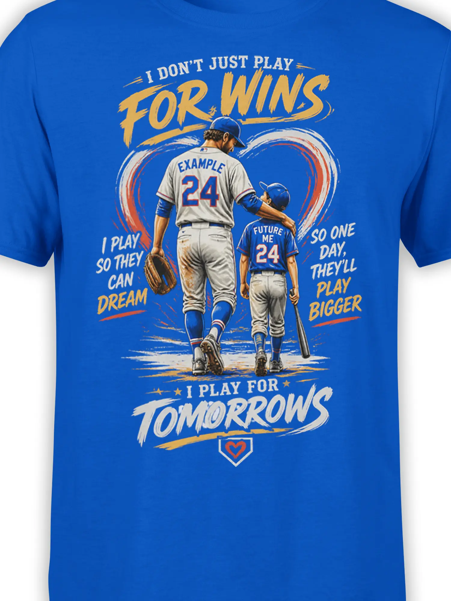 Close-up of blue baseball shirt graphic with two players, number 24 jerseys, brush lettering, and a future-focused message