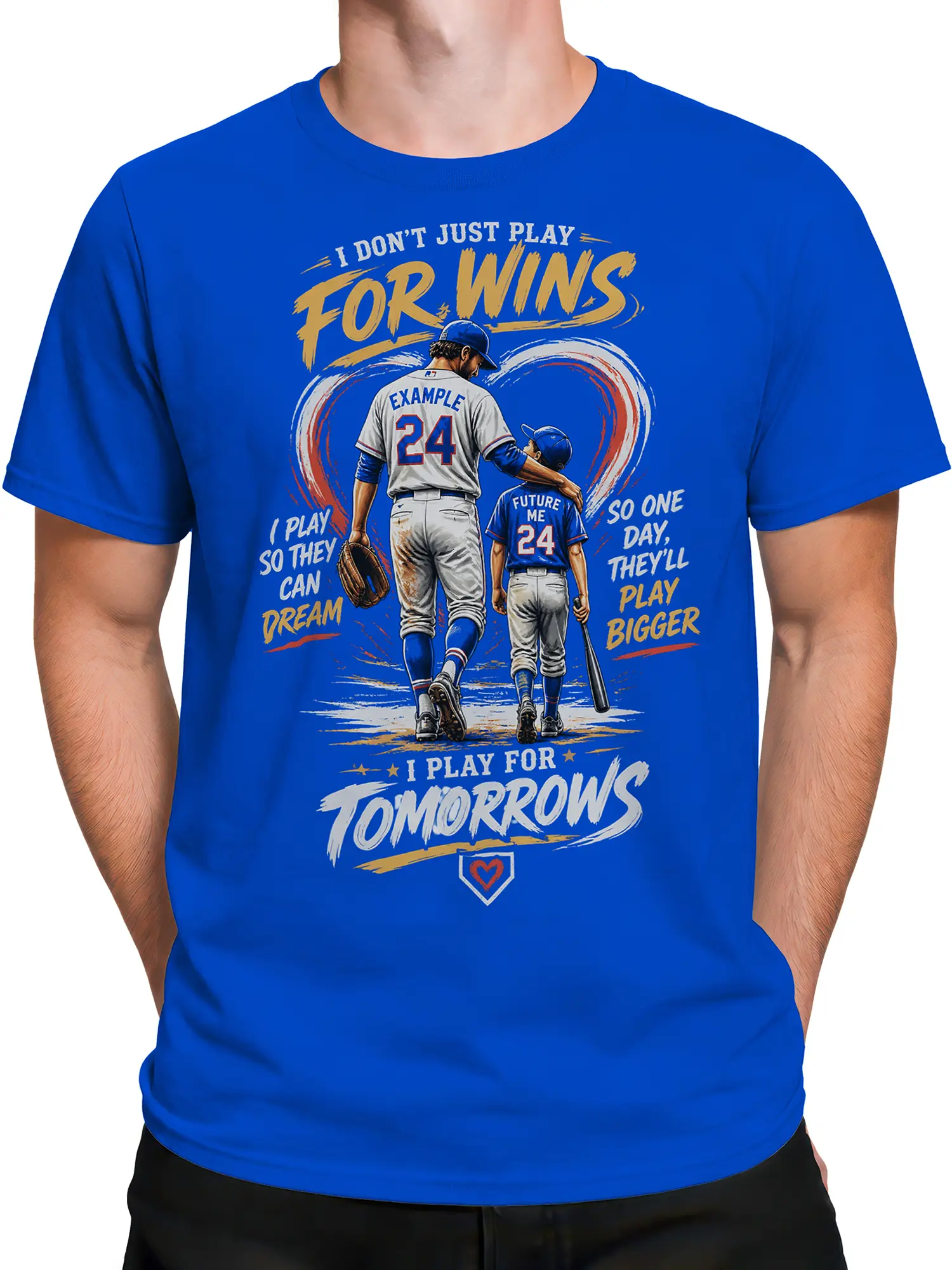 Male torso wearing a blue baseball T-shirt with adult and young players and bold lettering about playing for tomorrow