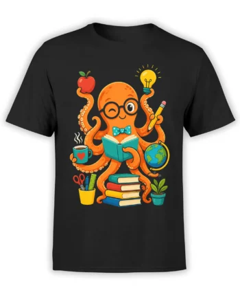 Colorful orange octopus teacher design with books, globe, pencil, coffee, apple, and lightbulb on a black shirt