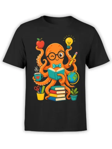 Colorful orange octopus teacher design with books, globe, pencil, coffee, apple, and lightbulb on a black shirt
