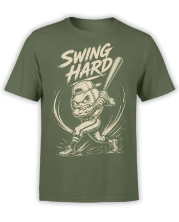 Green rabbit baseball T-shirt with cartoon batter, large bat, motion lines, and bold cream Swing Hard text