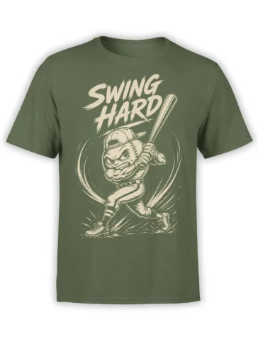 Green rabbit baseball T-shirt with cartoon batter, large bat, motion lines, and bold cream Swing Hard text
