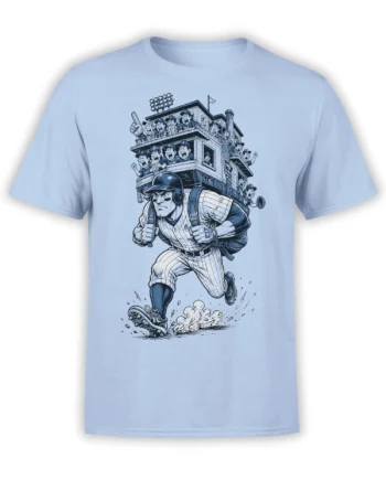 Vintage baseball player charging forward with cheering stadium fans on a light blue T-shirt
