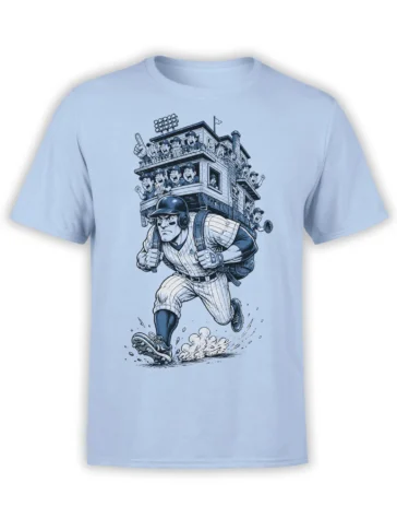 Vintage baseball player charging forward with cheering stadium fans on a light blue T-shirt
