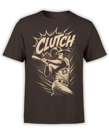Clutch baseball T-shirt in brown with a vintage comic-style female player swinging a bat