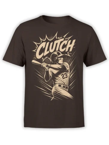 Clutch baseball T-shirt in brown with a vintage comic-style female player swinging a bat