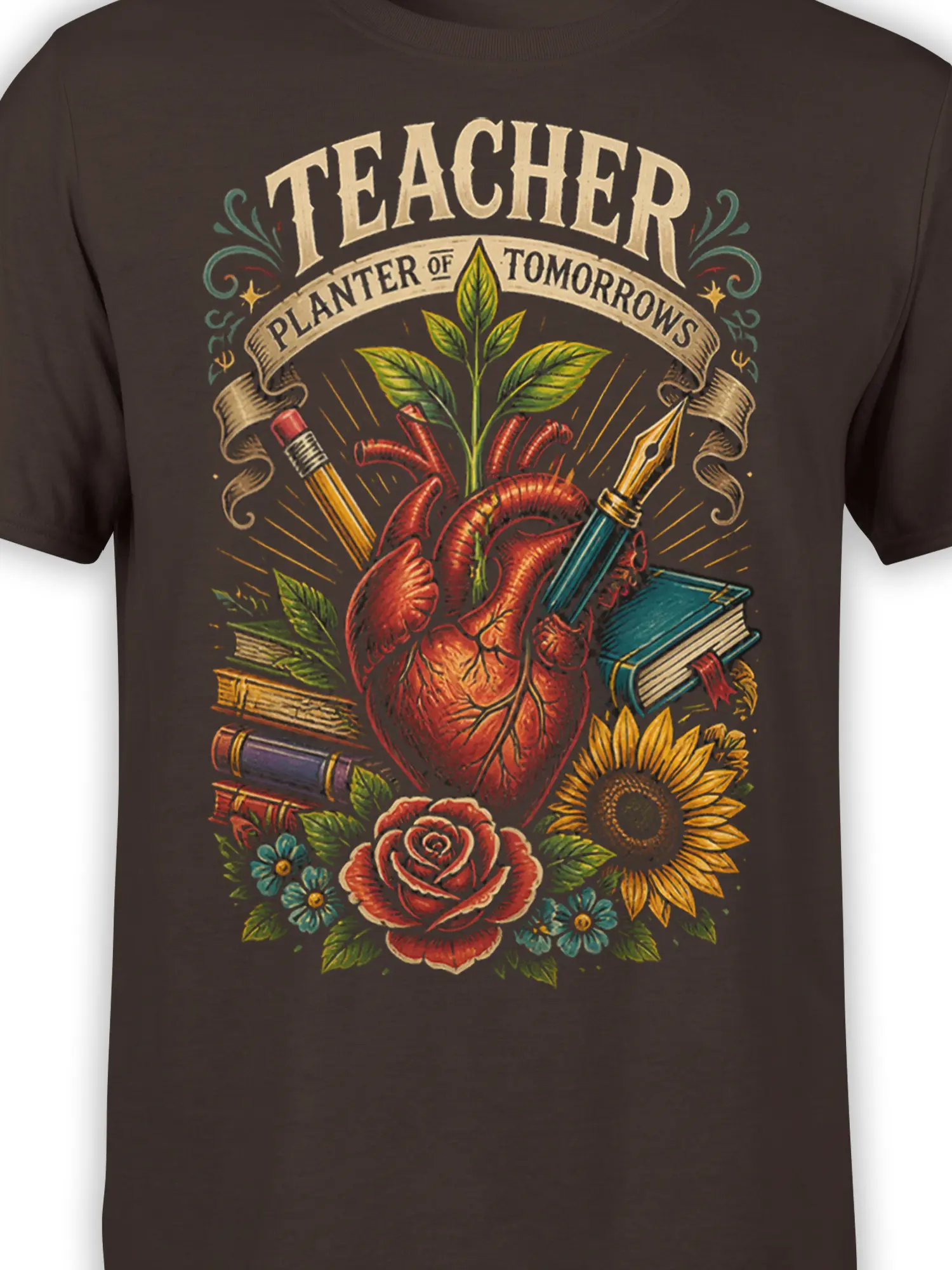 Close-up of the brown teacher shirt design with a heart, plant, books, flowers, and the words Planter of Tomorrows