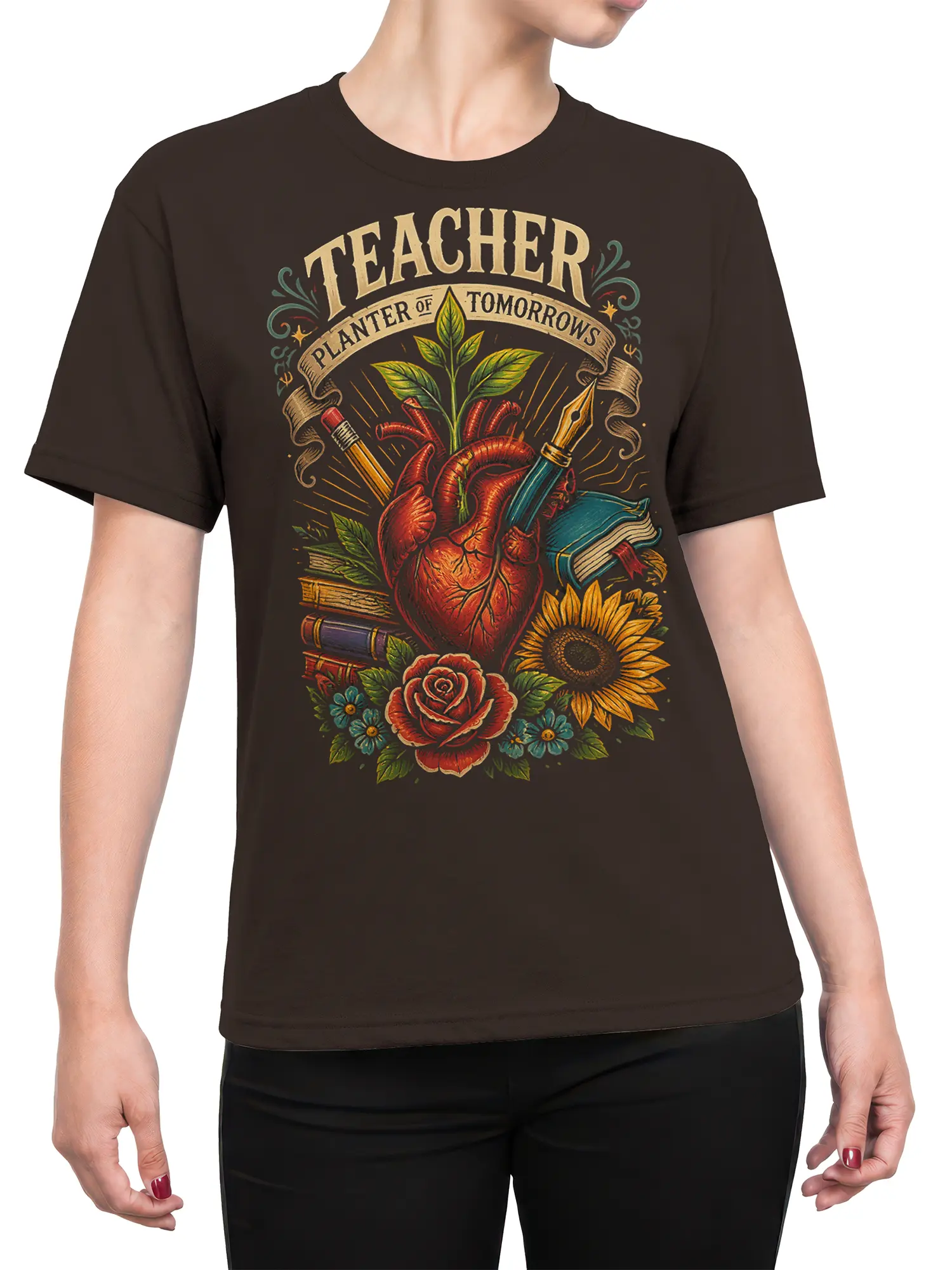 Female torso wearing a brown teacher t-shirt with a heart, books, plant, roses, and sunflower design