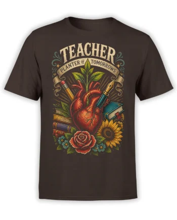Brown teacher t-shirt with heart, books, growing plant, roses, and sunflower in a vintage illustrated design