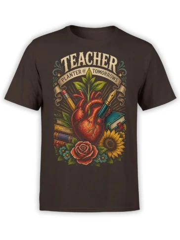 Brown teacher t-shirt with heart, books, growing plant, roses, and sunflower in a vintage illustrated design