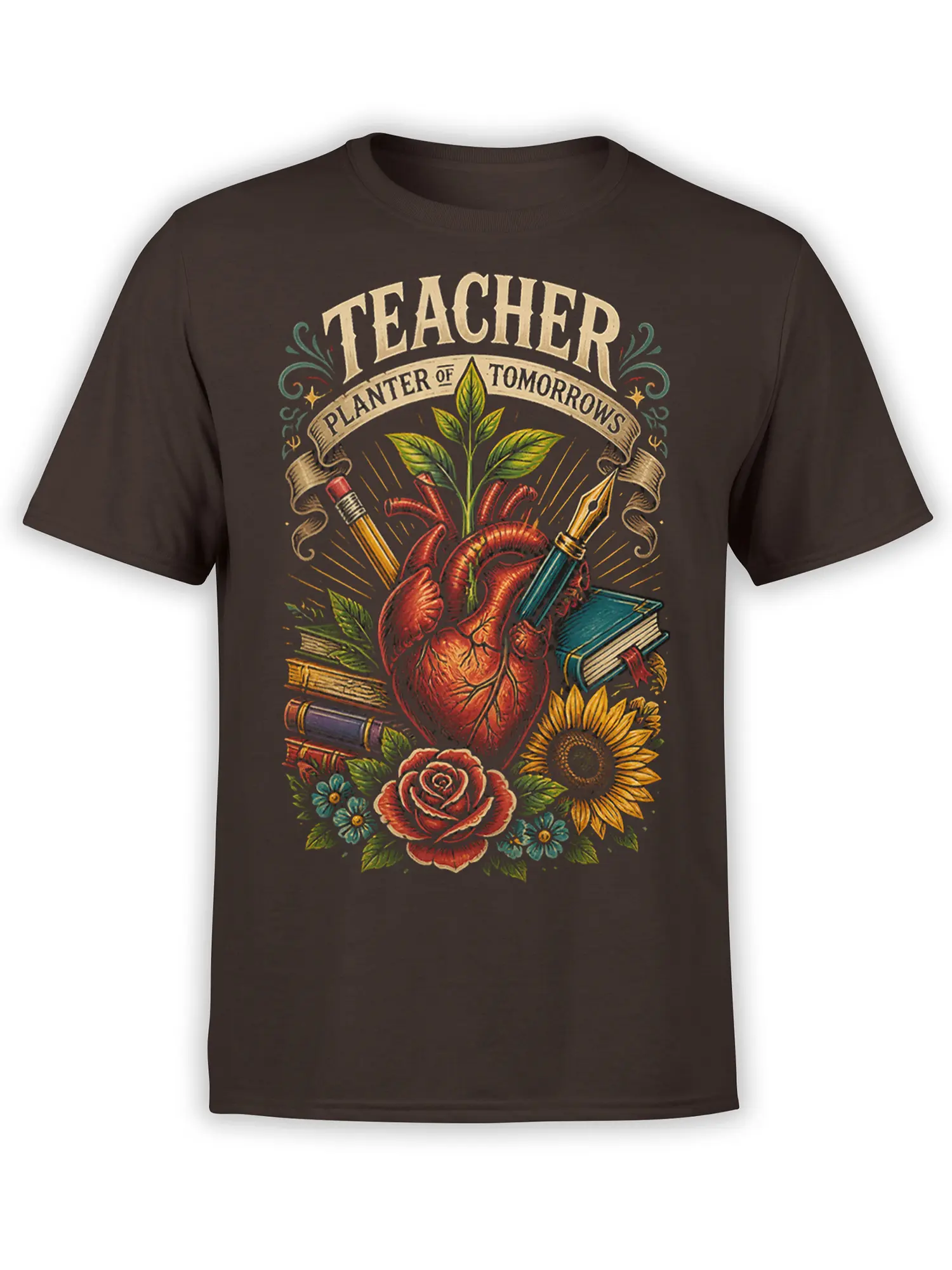 Brown teacher t-shirt with heart, books, growing plant, roses, and sunflower in a vintage illustrated design