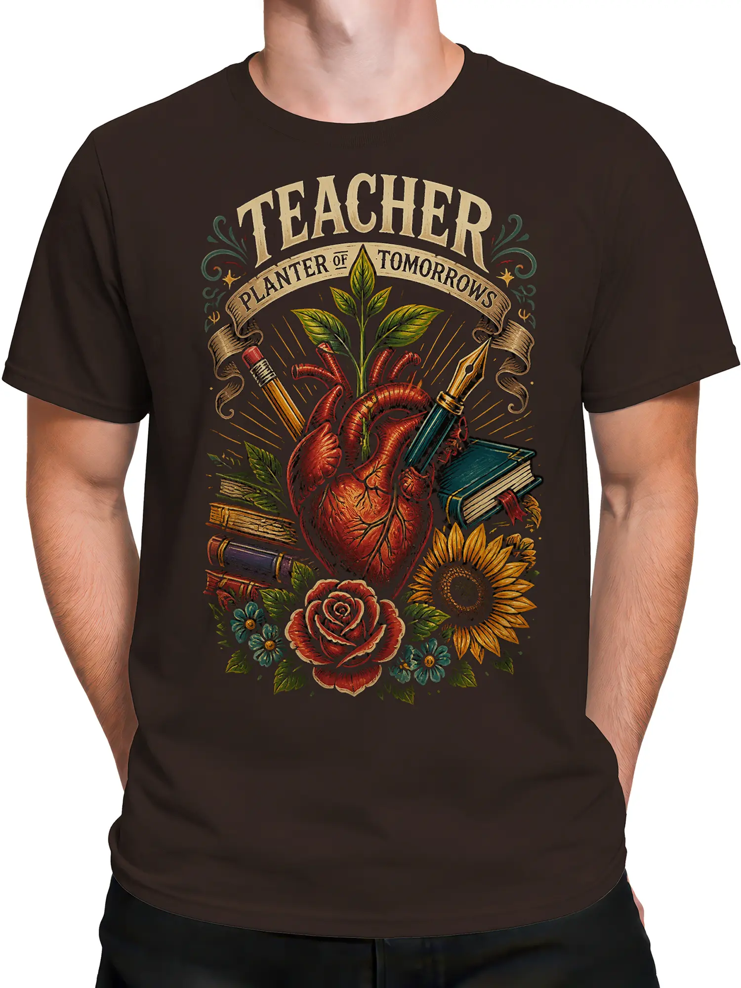 Male torso wearing a brown teacher t-shirt with a vintage heart, books, plant, and flower design