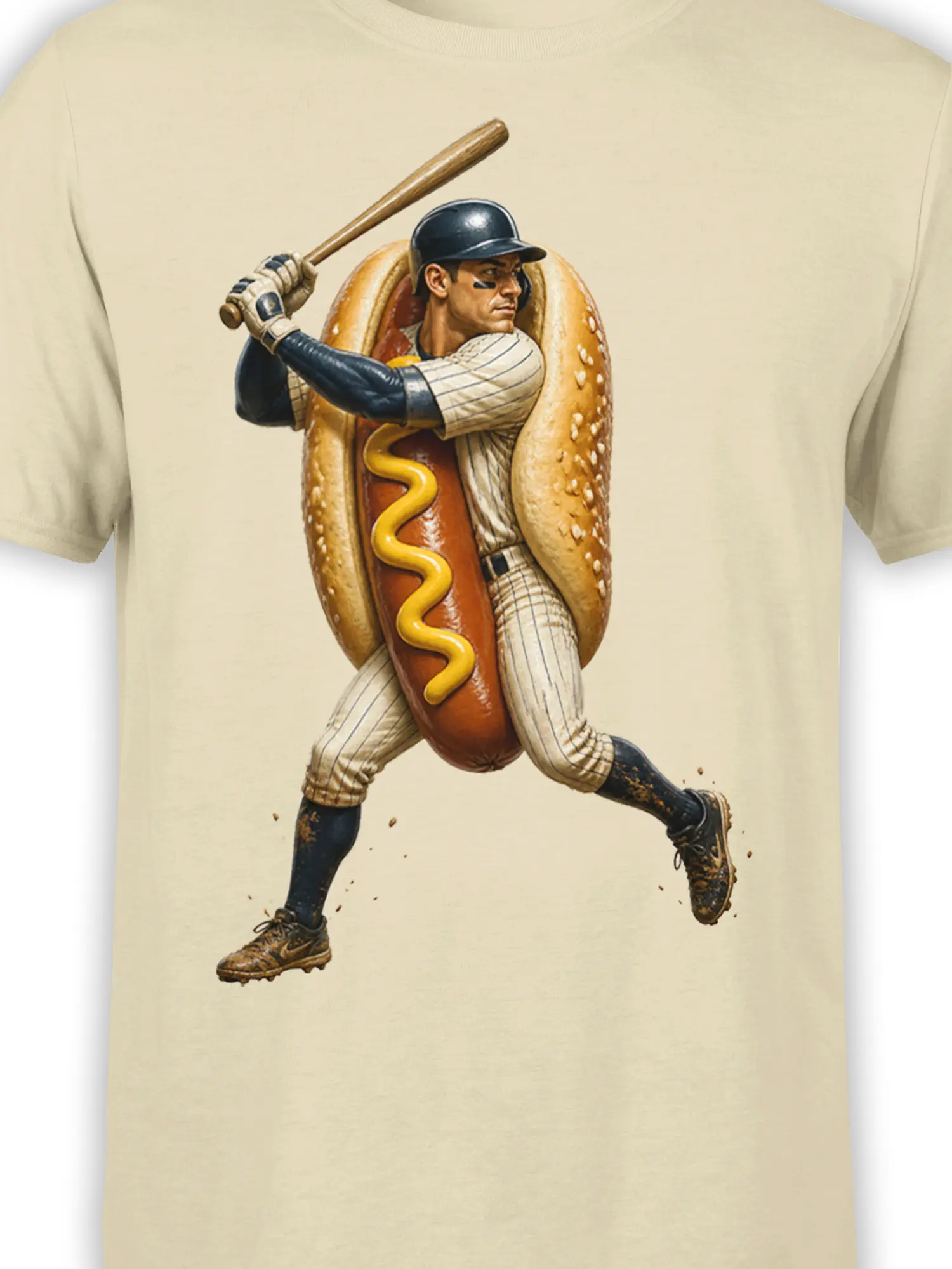 Close-up of the hot dog baseball player design with bun, mustard, bat, and striped uniform